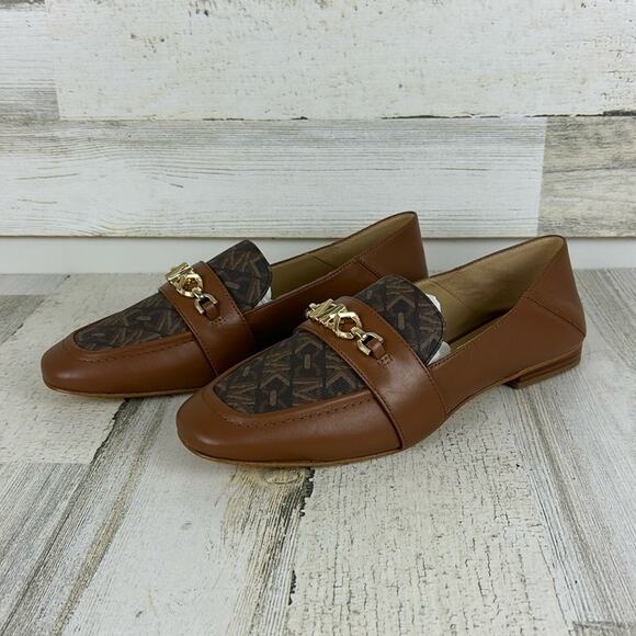 Michael Kors Tiffanie Women’s 6.5 Brown Leather gold Logo slip-on Loafer Flats - Picture 1 of 10